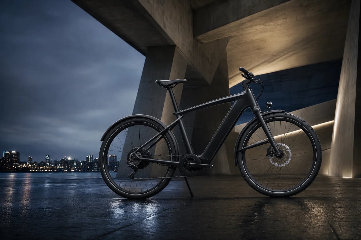 Sculptural black electric bike beneath modern architecture